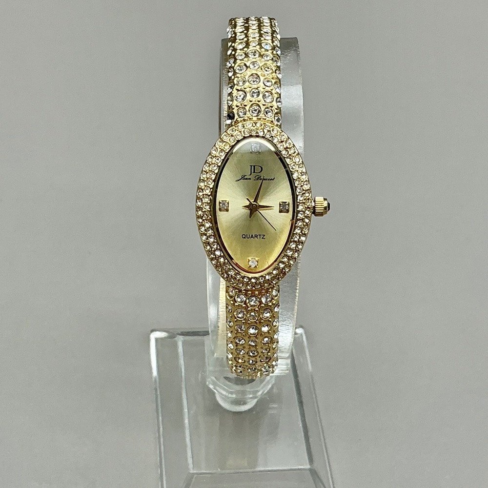 Jean Dousset Watch Womens Gold Tone Rhinestone Bangle 23mm 7" NEW BATTERY Quartz